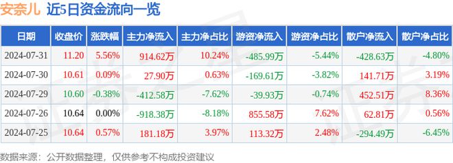 j9九游会真人游戏第一安奈儿（002875）7月31日主力资金净买入91462万(图1)